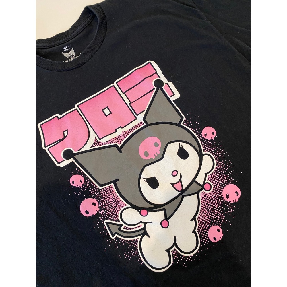 Sanrio Kuromi Graphic Unisex XL Black Pink Skull Japanese Katakana Tee 082